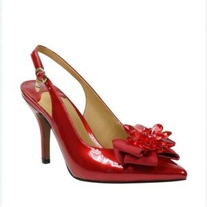 J.Renee Red Patent Leather Slingback Heels with Floral Detail